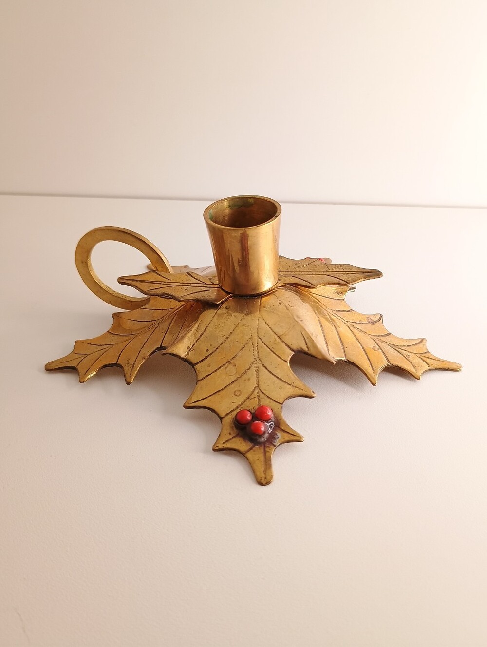 Vintage Solid Brass Holly Candle Holder